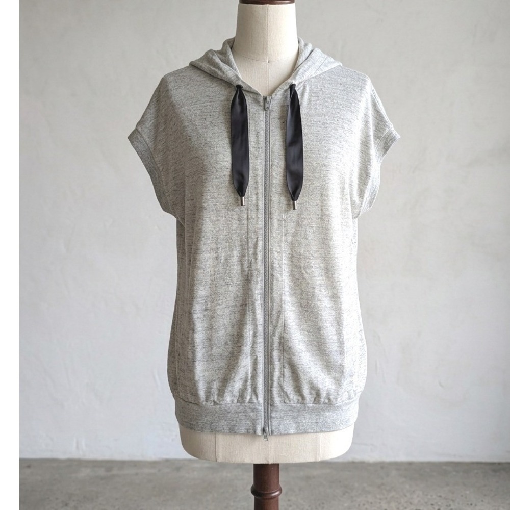 Brunello Cucinelli Grey Metallic Linen Sleeveless Zip Up Hooded Vest